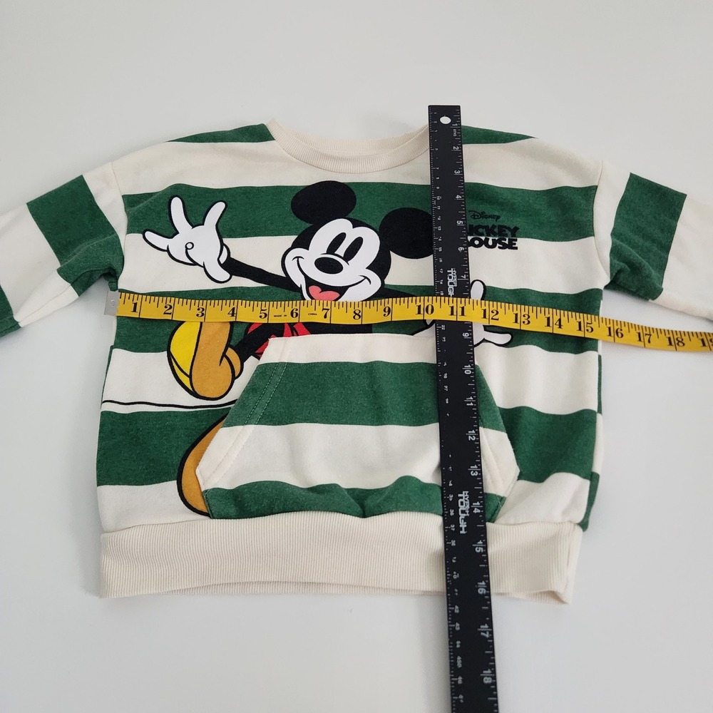 Disney Mickey Mouse Striped Green Cream Sweatshirt Kids‎ 4T Kangaroo Pocket - Picture 2 of 5